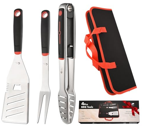 CuCut BBQ Tools Set, 4 PCS Heavy Duty Stainless Steel Spatula, Fork, Tongs with Portable Bag, Essential Accessories for Barbecue Outdoor Grill, Grilling Gifts for Men Dad Camp Chef