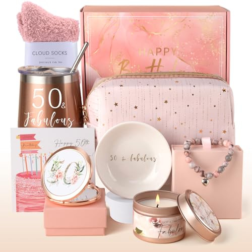 Anforsun 50th Geburtstag Geschenk für Frauen, 50th Geburtstag Hampers für ihren glücklichen 50th Geburtstag Pamper Geschenke Korb für Frauen Tuning 50, Frau, Mutter, Schwester, Freunde, Mitarbeiter