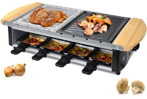 Syntrox Germany Raclette-Grill Emailliert Urilas, für 8 Personen, Einfache Anwendung und Reinigung, 1.200 Watt Raclette, Heißer Stein und Grillplatte, Antihaftbeschichtete Raclette Pfännchen