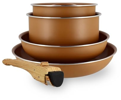 MENASTYL - Batterie de Cuisine Amovible Empilable - Tous Feux Dont Induction - Revêtement Céramique Antiadhésif sans PFAS - Gamme Colorama - Couleur Noisette - 2 Poêles + 2 Casseroles + 1 Poignée