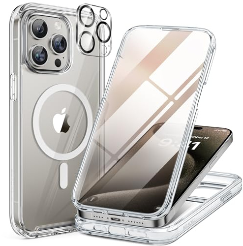 miracase Vollschutzhülle für iPhone 15 Pro Max, Magsafe, Klar | Eingebaute 9H Panzerglas Schutzfolie | Komplettschutz | Stoßfest | Kameraschutz | Geeignet für Outdoor | 6,7 Zoll