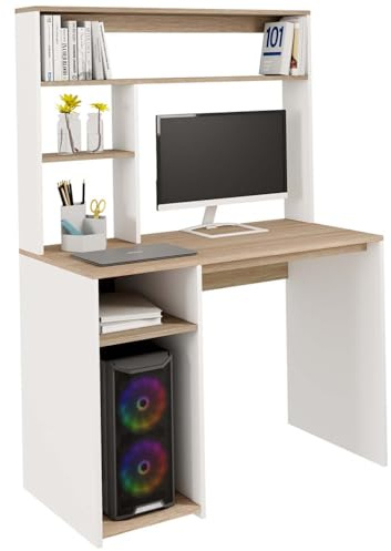 IDMarket - Bureau avec étagères de Rangement DAN Blanc et façon hêtre