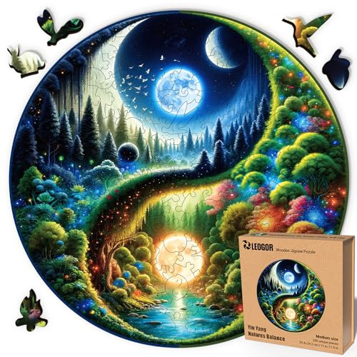 LEOGOR Yin Yang Holzpuzzle für Erwachsene, 200 Teile, 29,4 x 29,2 cm, 5 mm Naturholz, Mondwald-Motiv, kreatives Geschenk, Sammlerdeko und bildschirmfreie Familienzeit