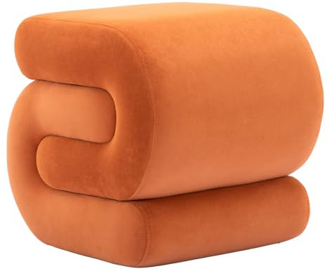 DEKKETO Modern Velvet Upholstered Ottoman, Comfortable Vanity Stool, Exquisite End Table Pouf Under Desk, Soft Dressing Foot Stool with S-Shape for Makeup room, Living Room, Bedroom, Entrance, Orange