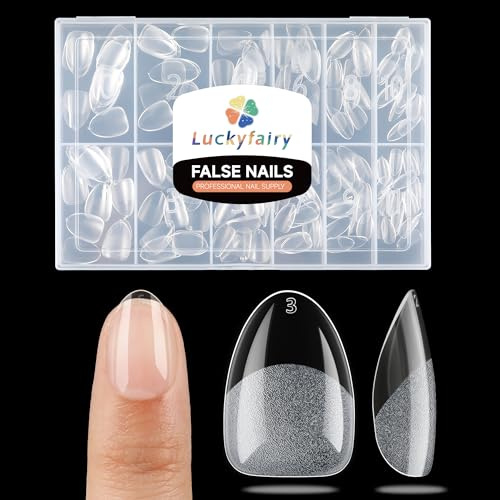 Luckyfairy Extra Short Almond Nail Tips, 240pcs Soft Gel Pre-Shaped Acrylic Fake Nails, Half Matte Full Cover Clear Gelly Press on Flase Nail Tips for Extension Nail Manicure Home DIY 12 Sizes