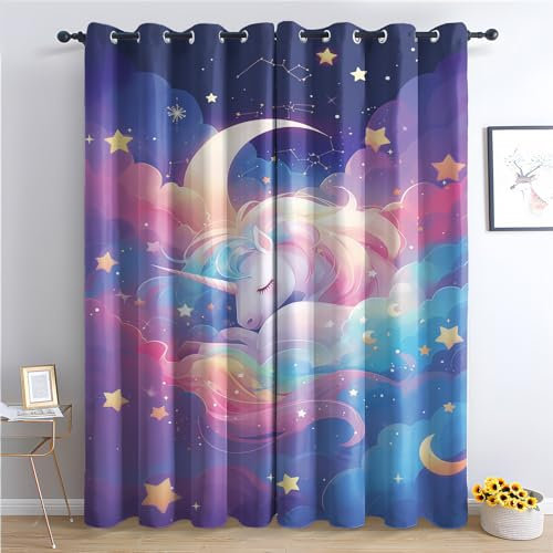 Vorhänge Einhorn - Kinderzimmer Wolke Stern Fenster Gardinen mit Ösen, Vorhang Blickdicht Verdunklungsvorhänge Thermovorhang für Wohnzimmer Schlafzimmer Deko 2er Set, H 175 x B 140 cm G&-182