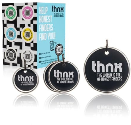 thnx Tag tag Keychain - with QR Code, Smart Travel Pack XL, 1x S Tag, 2X M Tag, 1x L Tag, 2X Tag sticker, for backpacks, suitcases, keys and laptop, direct contact with the finder (Black)