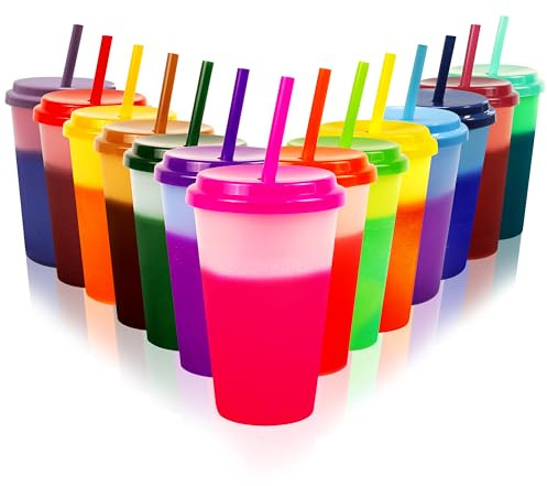 14 Stück Farbwechselbecher Trinkbecher mit Deckel und Strohhalm, 350ml | Magischer Farbeffekt bei Kaltgetränken, Perfekt für Eiskaffee Smoothies Kalte Slush, Partybecher, Plastikbecher,Mehrwegbecher