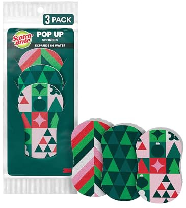Scotch-Brite Weihnachts-Pop-Up-Schwämme, 3 Stück pro Packung, einzigartige komprimierte Schwämme, die Sich im Wasser ausdehnen, festliches rot-grünes Muster