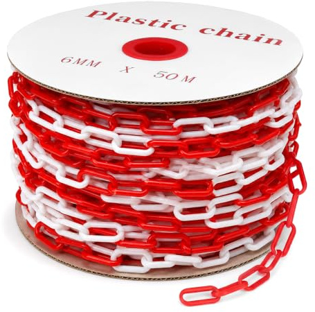 QWORK® Låskedja 6 mm 50 m plastkedja, barriärkedja röd vit för hotell, parkeringsplatser, tågstationer (1 rulle)