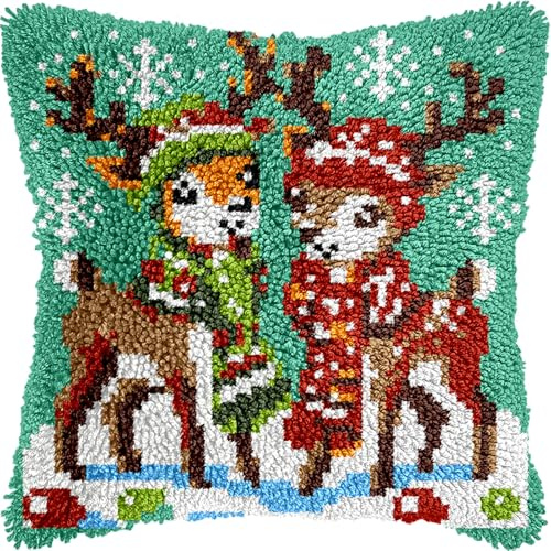 veirousa Knüpfhaken-Set mit weihnachtlichem Rentier für Erwachsene und Anfänger, Tiere, vorgedruckter Knüpfhaken-Teppich-Set, DIY-Kissen-Set für Zuhause, Sofa, Dekoration, Geschenkidee, 43 x 43 cm