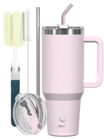 BIGRD Thermobecher mit Strohhalm und Deckel Auslaufsicher Doppelwandiger Edelstahl 1.2L, Kaffeebecher To Go Trinkflasche Sport Travel Mug 6h heiß und 12h kalt,BPA-frei,Rosa