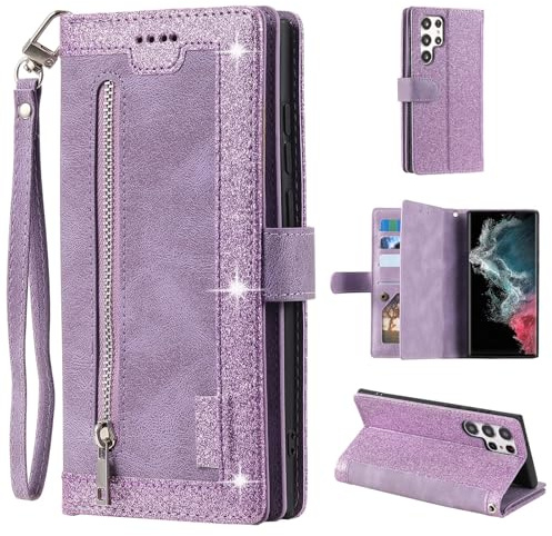UEEBAI Plånboksfodral för Samsung Galaxy S25 Ultra 5G, väska med 9 kortplatser, ficka med dragkedja, handväska, magnetisk stängning, stöd med handledsrem, TPU stöttåligt väska med vikning för kvinnor