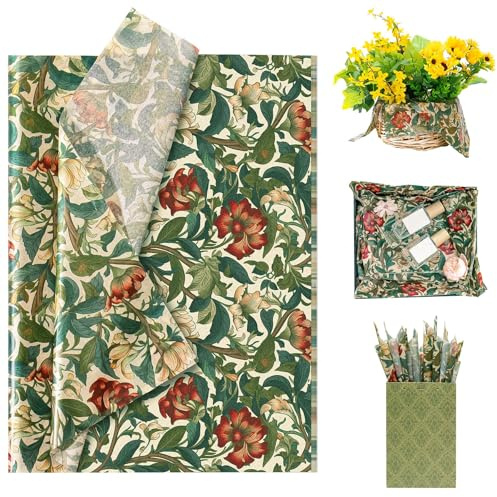 Larcenciel Seidenpapier DunkelGrün, 60 Blatt Vintage Blumenmuster Seidenpapier Verpackungsmaterial für Geschenktüte Füllmaterial, Matte Geschenkpapier für Geburtstage Hochzeit Jubiläen Basteln 50x35CM
