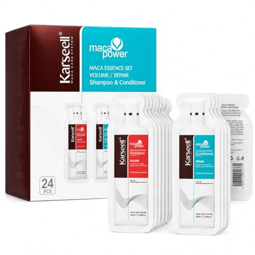 Karseell MACA CARE SYSTEM Pack 24 Dúos Champú Voluminizador 10ml + Acondicionador Reparador 10ml Profesional Volumen Hidratación Reparación Cabello Fino y Dañado Monodosis Viaje Hotel Gimnasio