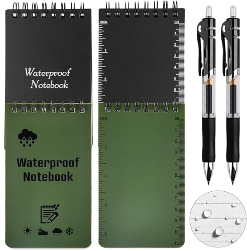 SZQIUNUBI 6 Stück Mini Wasserdichtes Notizblock Allwetter Notizblöcke Blätter Wasserdichtes Taschen Notizbuch Spiralbindung mit 2 Stift für Militärische Aktivitäten Im Freien (Schwarz, Grün)