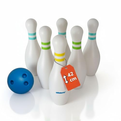 alldoro 60131 XXL Bowling Set - 6 Bolos Blancos rellenables, 42 cm de Altura y 1 Bola de Bolos - Juego de Bolos con Bolsa, niños a Partir de 3 años