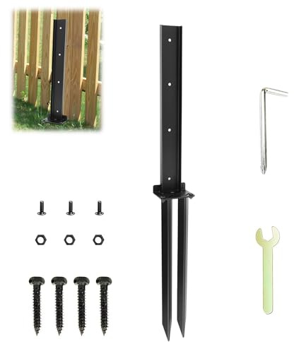 Fence Post Repair Stakes Kit, Heavy Duty Metal Fence Post Nails, Fence Post Spikes Set with Nails & Wrench, Fixed Anchor Ground Nails for Repairing or Reinforcing Wooden Fence Posts (1 Set)