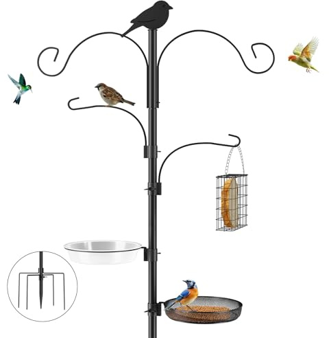 Gzenlos Bird Feeder Pole, 91in 4 Hook Bird Feeding Station Kit with Adjustable Shepherds Hooks, Birds Feeder for Outdoors with Pole 5 Prongs Base Attracting Wild Birds (ATR Deco, Black 91in)