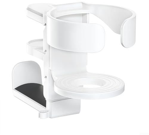 Organizador compacto debajo del escritorio con portavasos y almacenamiento de auriculares, mejora la eficiencia del espacio de trabajo (blanco)