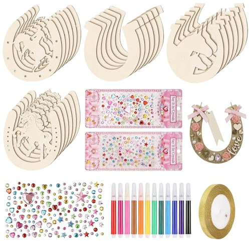 LIUYIDM 24 stycken hästskor, barnfödelsedag, träset, hästskor, vindspel, pysselset med akvarellpenna och glitterstenar, klistermärken, hantverk för barnfest, födelsedagsdekoration, bröllop