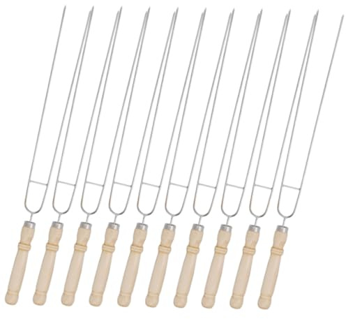 SHINEOFI 10 piezas Pinchos Barbacoa Acero Inoxidable con Mango de Madera U-shaped Reutilizables para Camping y Barbacoas Diseño Ergonómico para Asar Pollo Carne y Verduras de Forma Segura
