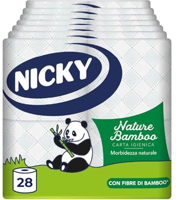 Nicky Nature Bamboo - 28 Rotoli di Carta Igienica, 160 Soffici Fogli a 3 veli di Pura Cellulosa e Arricchiti di Fibre di Bamboo, Morbida e Confortevole, Sostenibile Dentro e Fuori, Bianca