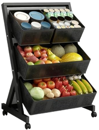 AZHKJKZH Carrellino Salvaspazio Cestini Portafrutta A 3 Livelli Con Ruote, Carrello Portaoggetti In Metallo For Cucina Per Organizzare Cucina(Black)