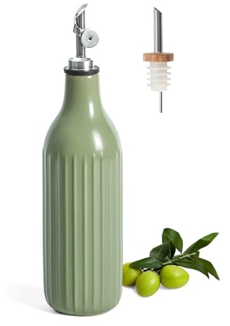 FUN ELEMENTS Olive Oil Dispenser Bottle, 600ml Ceramic Opaque Cruet for Olive Oil & Vinegar for Balsamic, Cooking Oil, Syrups & Dressings (Green)