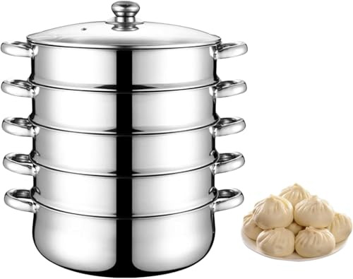 REHOOF Olla A Vapor De Acero Inoxidable 430, Vaporera, Olla 5 En 1, con Tapa De Cristal, Vaporera para Todo Tipo De Cocinas, Incluidas Las De Lnducción, Vaporiza Alimentos como Pan,Verduras 32cm