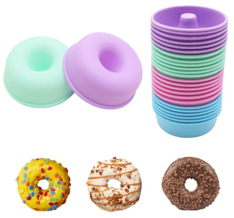 Lot de 24 mini moules en silicone sans BPA, réutilisables - Pour mini muffins, cupcakes, brownies, pudding - Pour four, friteuse à air, congélateur et lave-vaisselle (24 pièces en forme de donut type