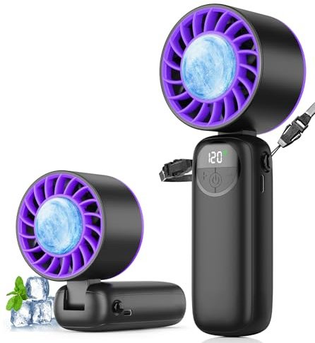 AMZINPRO Handheld Portable Turbo Fan with Ice Cooler, Powerful 21000 RPM, 5000mAh Battery, Speed (1-120), Up to 22Hrs Cooling, 90°Foldable Rechargeable Hand Held Fans for Travel/Outdoor/Home/Office