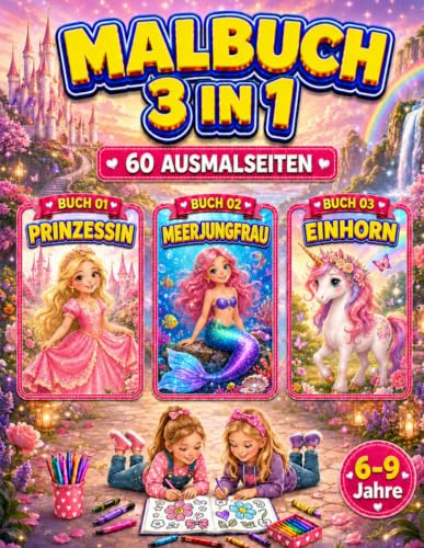 Prinzessin, Meerjungfrau & Einhorn Malbuch für Mädchen 6-9 Jahre: 3-in-1 Malbuch mit 60 süßen, einseitig gedruckten Ausmalbildern für Kinder (Smash Kids 3-in-1 Malbuch Kollektion)