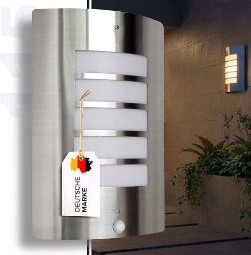 Maxkomfort Edelstahl Außenwandleuchte 115A1 mit Bewegungsmelder – Wandleuchte mit E27 Fassung, IP44, 230V, modern & funktional für Haus und Eingang
