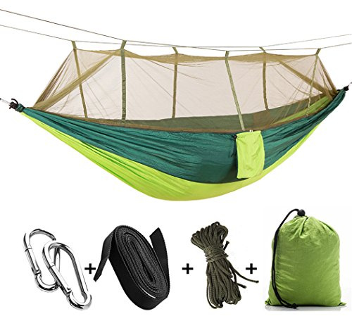 Outdoor-Camping-Hängematte mit Moskitonetz, tragbare Hängematte, Fallschirmzelt für zwei Personen, 260 x 140 cm, Traggewicht: 200 kg, grüne Farbe