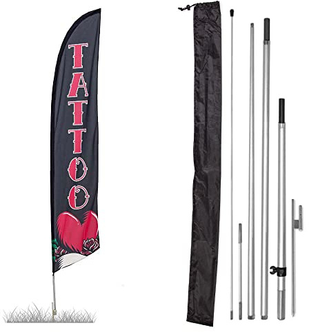 Vispronet Premium Tattoo Feather Flag Kit - Includes 13ft Sectional Aviation Grade Fiberglass Poles, Tattoo Flag, Ground Stake, and Pole Sleeve Bag