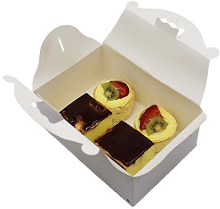 BAMI 25 Stück Konditorei Box Gebäckkarton Kuchenbox, L- 230x160x90mm Tortenbox, aus Pappe mit Griff, weiß, Vollpappe, eckig