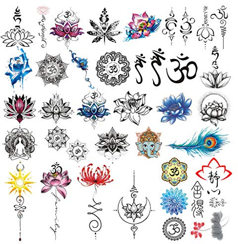 CARGEN 30 Blatt Yoga Temporäres Tattoo Set Lycoris Radiata Shabda OM Mandalas Lotus Elefant Pfauenfeder Wasserdichter Aufkleber