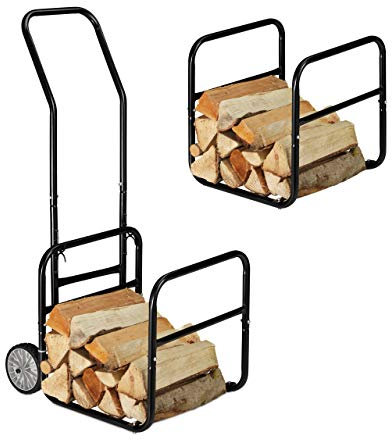 Relaxdays Kaminholzwagen, 2in1 Brennholzkarre & Feuerholzregal, aus Stahl, bis 45 kg, Transport & Aufbewahrung, schwarz