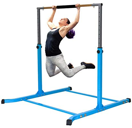 5 Star TD Expandable Kip Bar Kids Gymnastics Horizontal Bar, Adjustable Height Levels Junior Gymnastic Training Tumble Bar with Heavy Duty Curved Legs and Cushioned Hand Pad, Blue