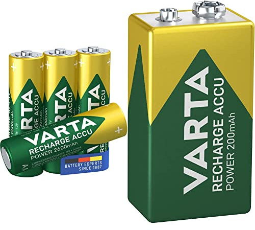 Varta 571644 Batteria Ricaricabile Aa Stilo, 2600 mAh, Confezione da 4 Pile, Pre-Caricate, Pronte all'Uso & Batteria Ricaricabile, 9V Transistor HR9V Eblock, 200 mAh, Confezione da 1 Pezzo