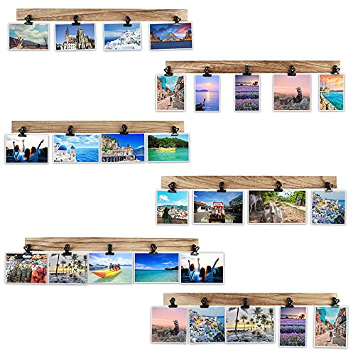 Aiyome 6 Wooden Wall Hanging Photo Frames With 27 Clips, Decorative Collage Picture Frame, No Drilling Required, Adhesive Stickers, Easy to Install, Carbonized Brown