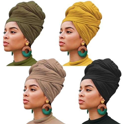 XTREND 4 delar stretch huvudsjal hår halsduk pannband jersey turban stickade huvudsjalar urban hårsjal enfärgad ultramjuk extra lång andningsbar slips för kvinnor (svart, kamel, armégrön, gurkmea)