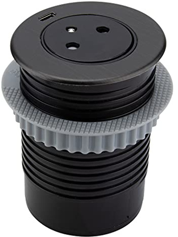Otio, Prise Encastrable EasyEject avec Port USB-C QuickCharge, Finition Inox Noir Brossé, 16A (2P+T), Câble 1,5m, Diamètre 60mm, Design Affleurant, Compatible Bureaux et Cuisines