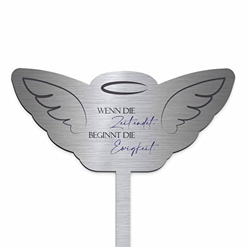Edelstahl Grabstecker - Blumenstecker | Personalisiertes Sternenkind Andenken - Sternenkinder Grabschmuck Herz wetterfest | persönliche Engelsflügel Deko - Grabherzen mit Spruch (Festes Design)