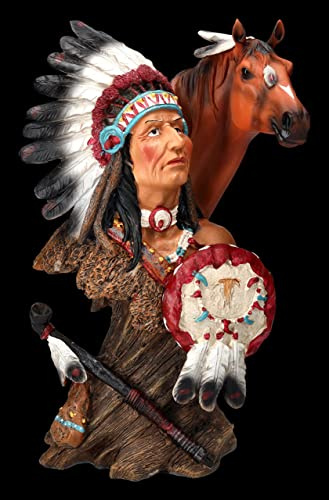 Figuren Shop GmbH Indianer Figur - Häuptling Büste mit Pferd | Dekofigur Wester Wilder Westen Cowboy