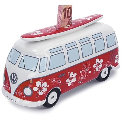 BRISA VW Collection - Hucha en forma de cerdito de Volkswagen con tabla de surf en el diseño T1 Camper Bus Samba (Flower Power/Rojo).
