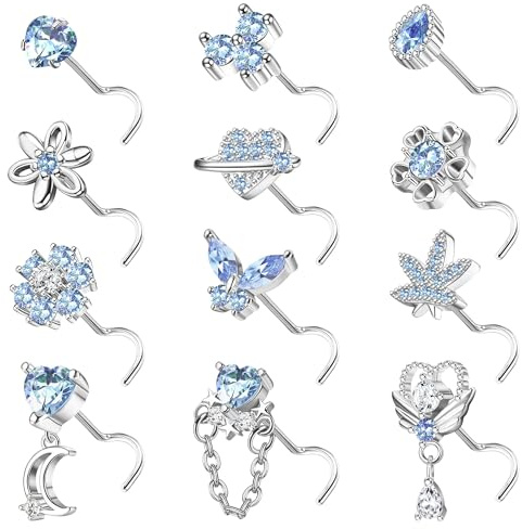 Kakonia 12Stück 20G Nasenpiercing Stecker für Damen Edelstahl Nasenstecker Silber L S Form Korkenzieher Piercing Nase Nose Stud Nostril Piercing für Damen