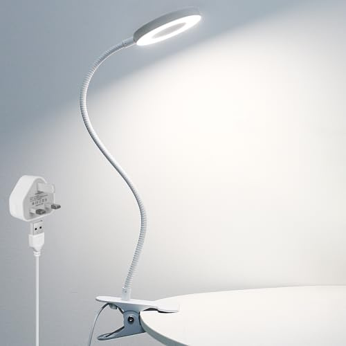 Woputne Desk Clip on Lamp for Reading Home Office, with 5V 2A Adapter, 10 Dimmable Brightness 3 Modes, Clamp Reading Light for Bed Headboard, Craft (White)…