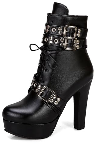 Bellirala Women's Studded Buckled Combat Boots Chunky Platform Ankle Booties Goth Punk Lace Up Knight Biker Boots Zipper High Heels Black Size 9